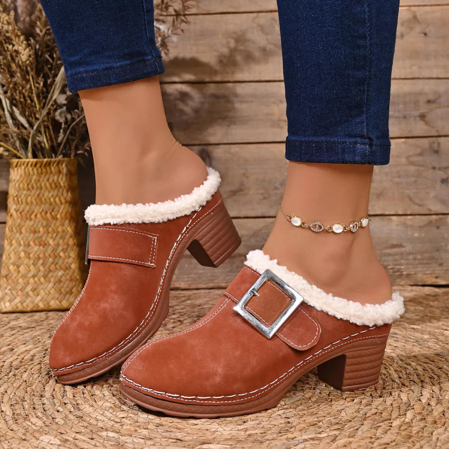 Faux Fur Lined Block Heel Shoes Dark Brown / 36 Apparel and Accessories