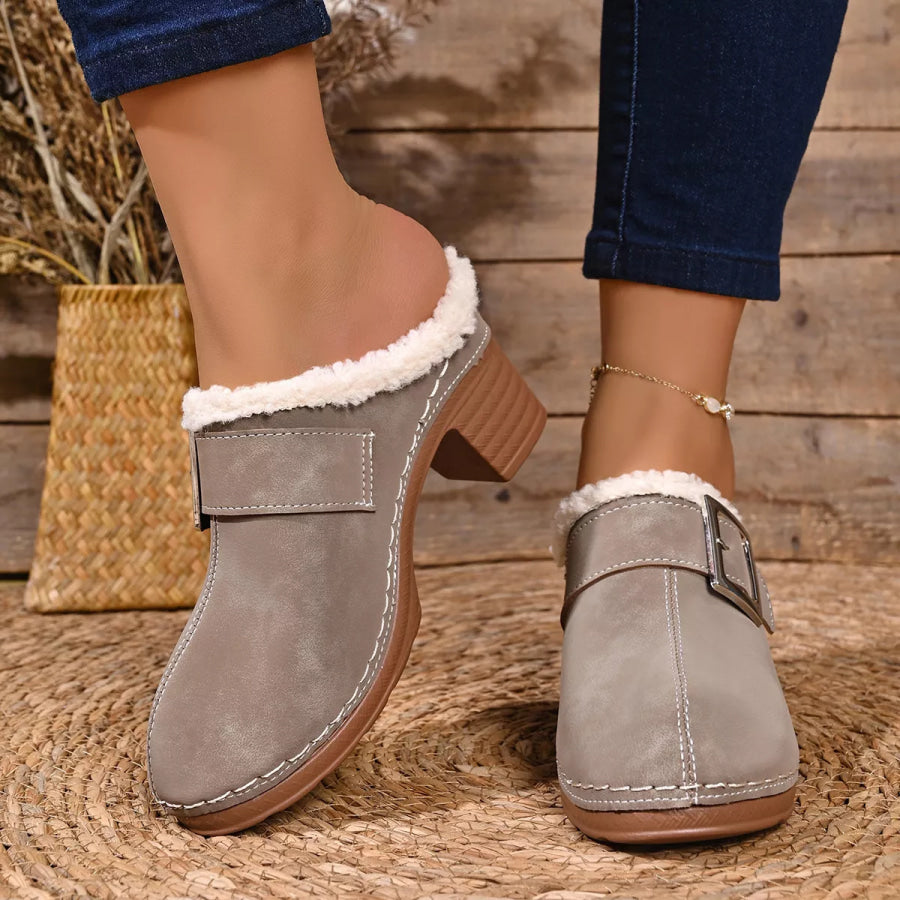 Faux Fur Lined Block Heel Shoes Khaki / 36 Apparel and Accessories