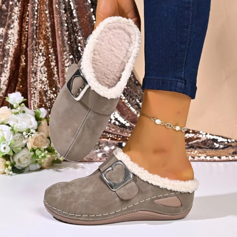 Faux Fur Lined Heart Buckle Slip-Ons Apparel and Accessories