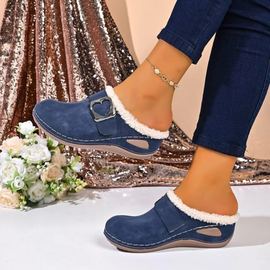 Faux Fur Lined Heart Buckle Slip-Ons Apparel and Accessories