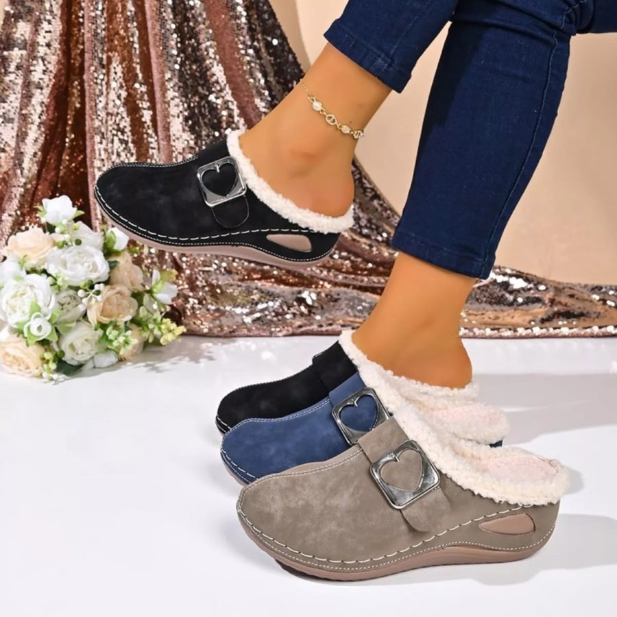 Faux Fur Lined Heart Buckle Slip-Ons Apparel and Accessories