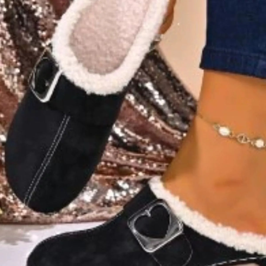 Faux Fur Lined Heart Buckle Slip-Ons Apparel and Accessories