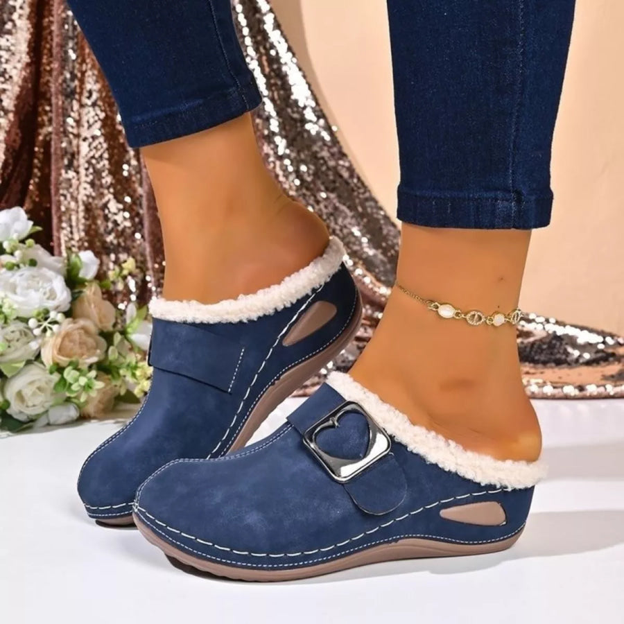 Faux Fur Lined Heart Buckle Slip-Ons Blue / 36 Apparel and Accessories