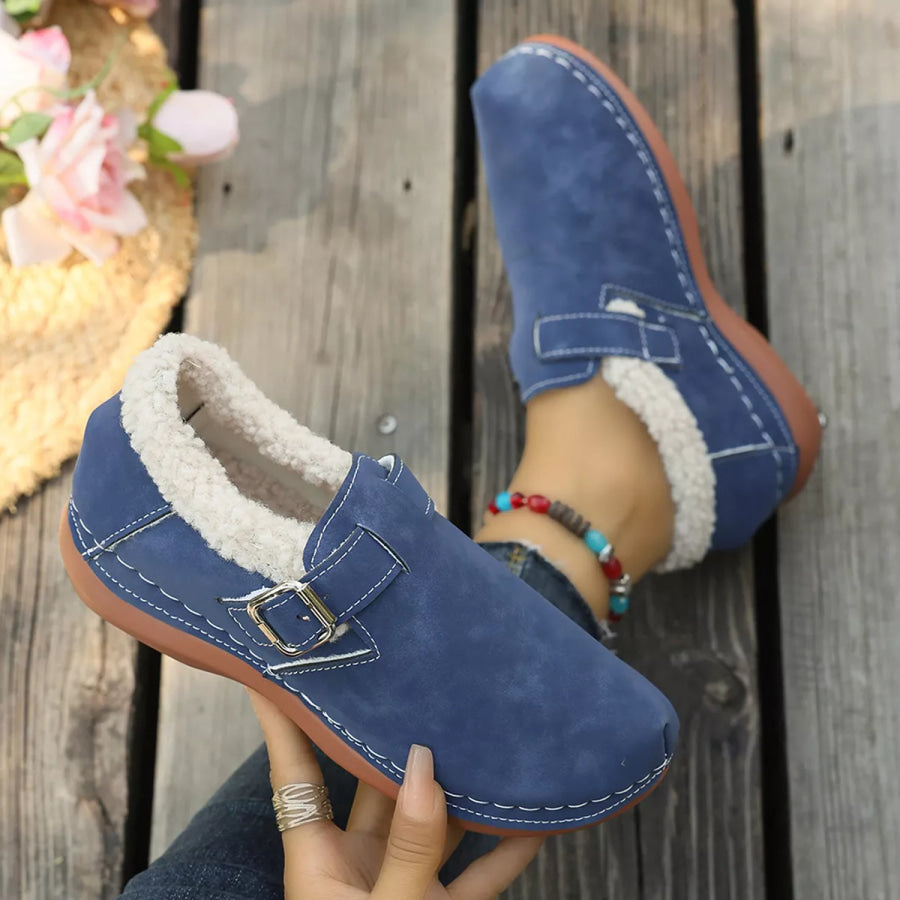 Faux Fur Lined Suede Loafers with Adjustable Buckle Strap Apparel and Accessories