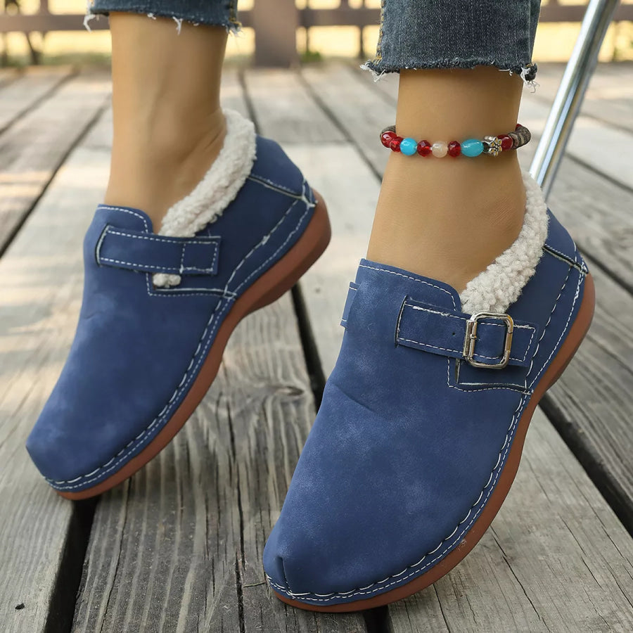 Faux Fur Lined Suede Loafers with Adjustable Buckle Strap Apparel and Accessories