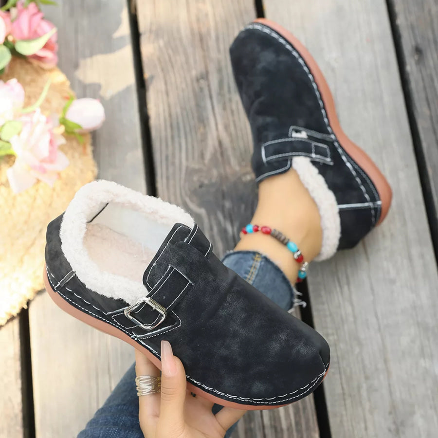 Faux Fur Lined Suede Loafers with Adjustable Buckle Strap Apparel and Accessories