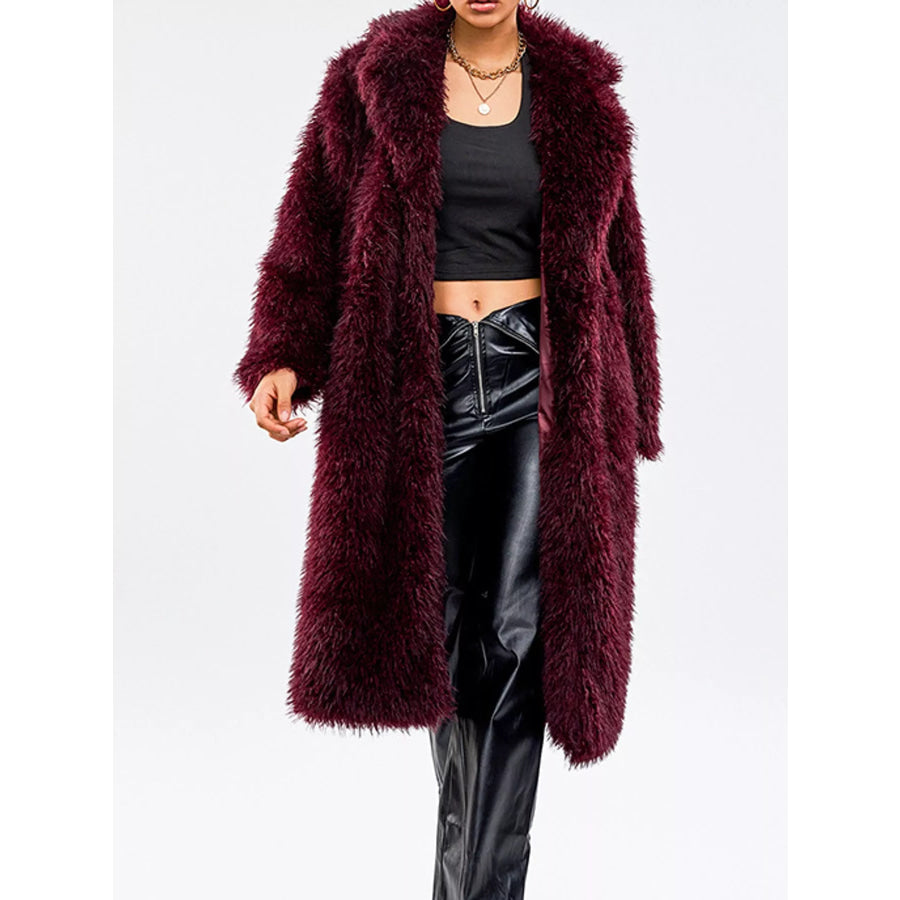Faux Fur Longline Outerwear Burgundy / S Apparel and Accessories