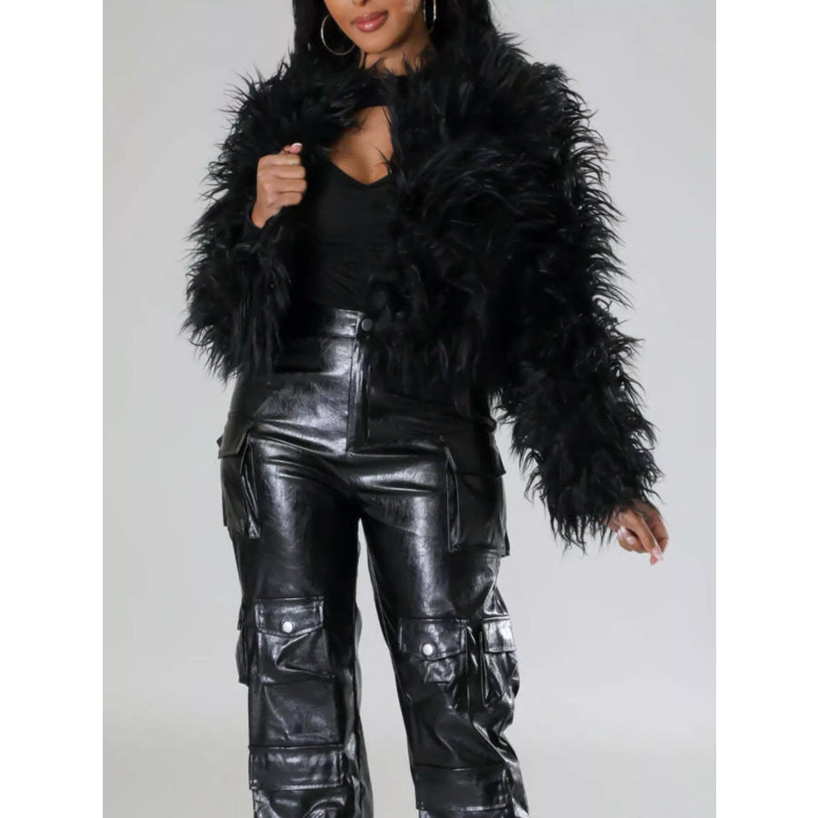 Faux Fur Open Front Cropped Outerwear Black / S Apparel and Accessories