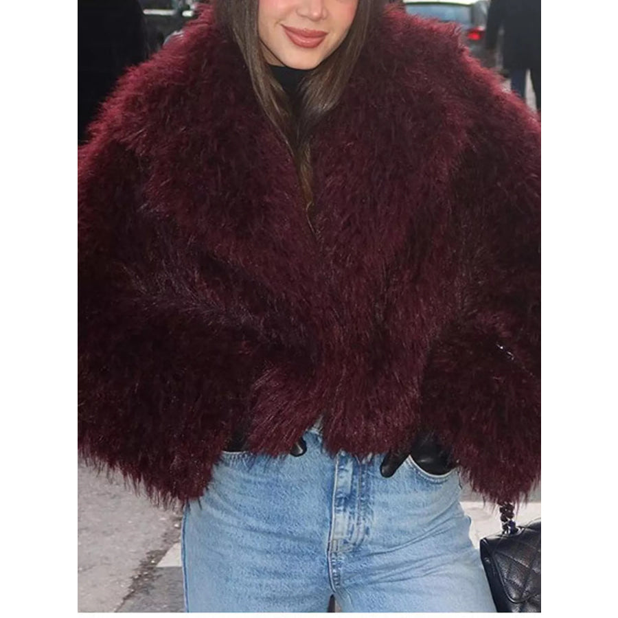 Faux Fur Open-Front Cropped Outerwear Burgundy / XS Apparel and Accessories