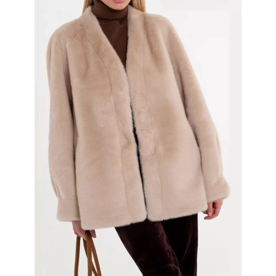 Faux Fur Open-Front Outerwear Apricot / S Apparel and Accessories