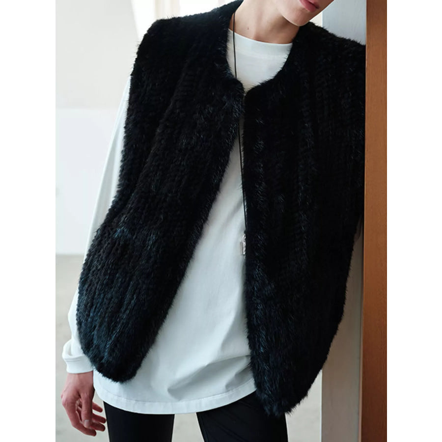 Faux Fur Open Front Vest Coat True Black-Baojiamei-New / S Apparel and Accessories