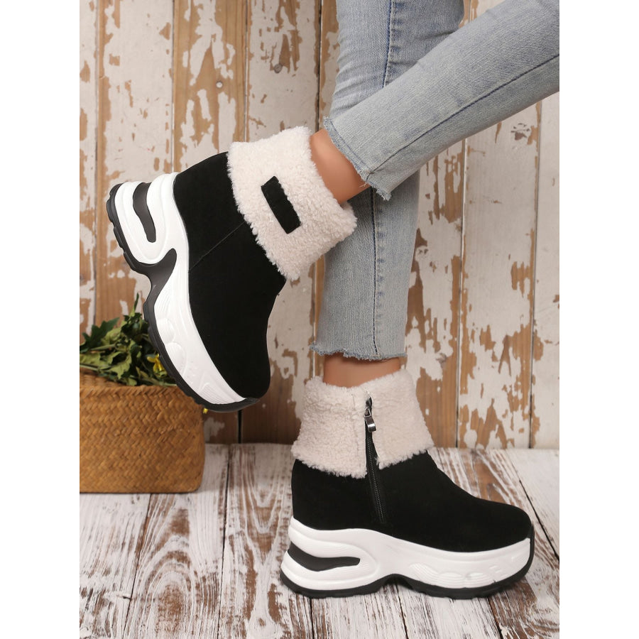 Faux Fur Round Toe Platform Boots Apparel and Accessories