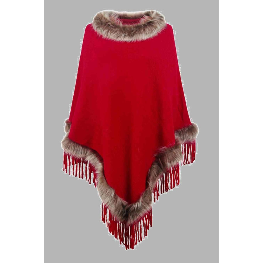 Faux Fur Trim Fringed Poncho Deep Red / One Size