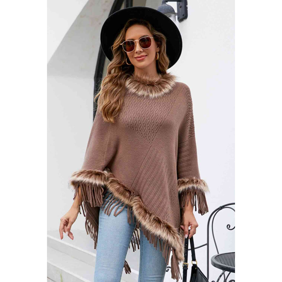Faux Fur Trim Fringed Poncho Taupe / One Size