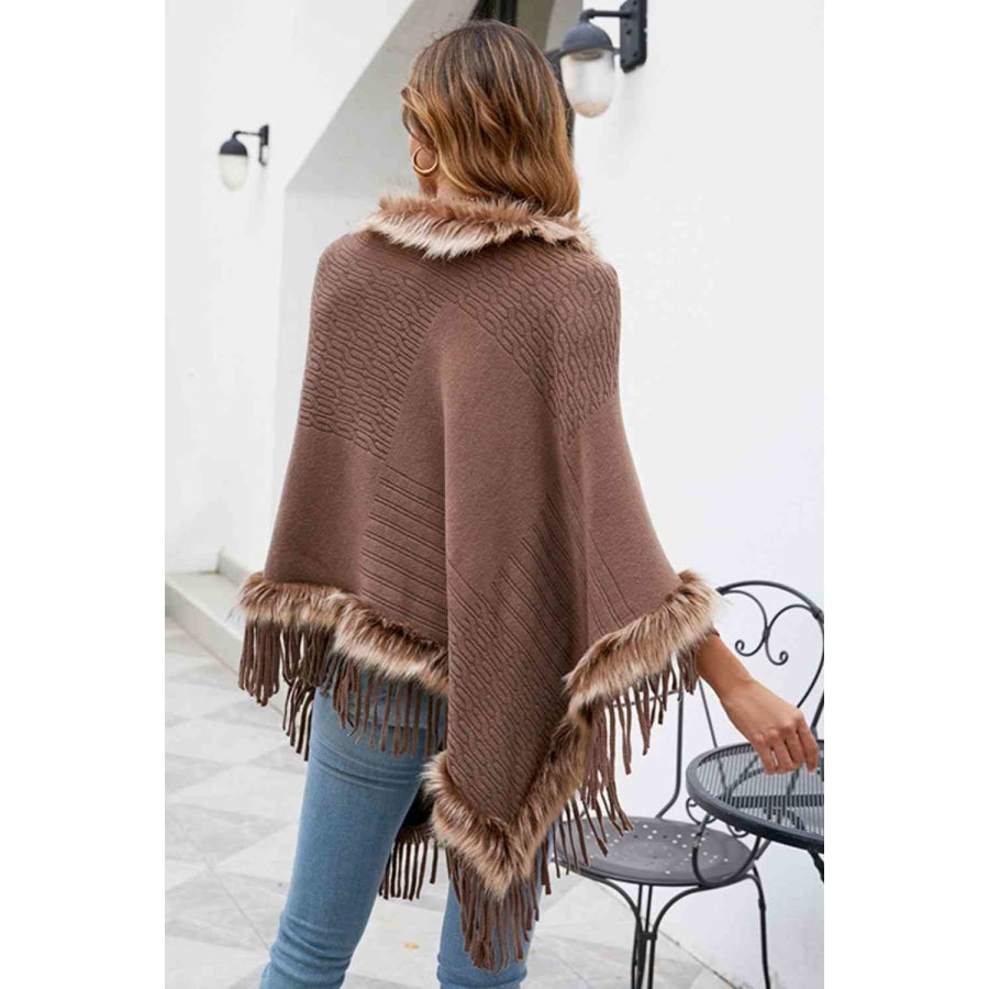 Faux Fur Trim Fringed Poncho Taupe / One Size