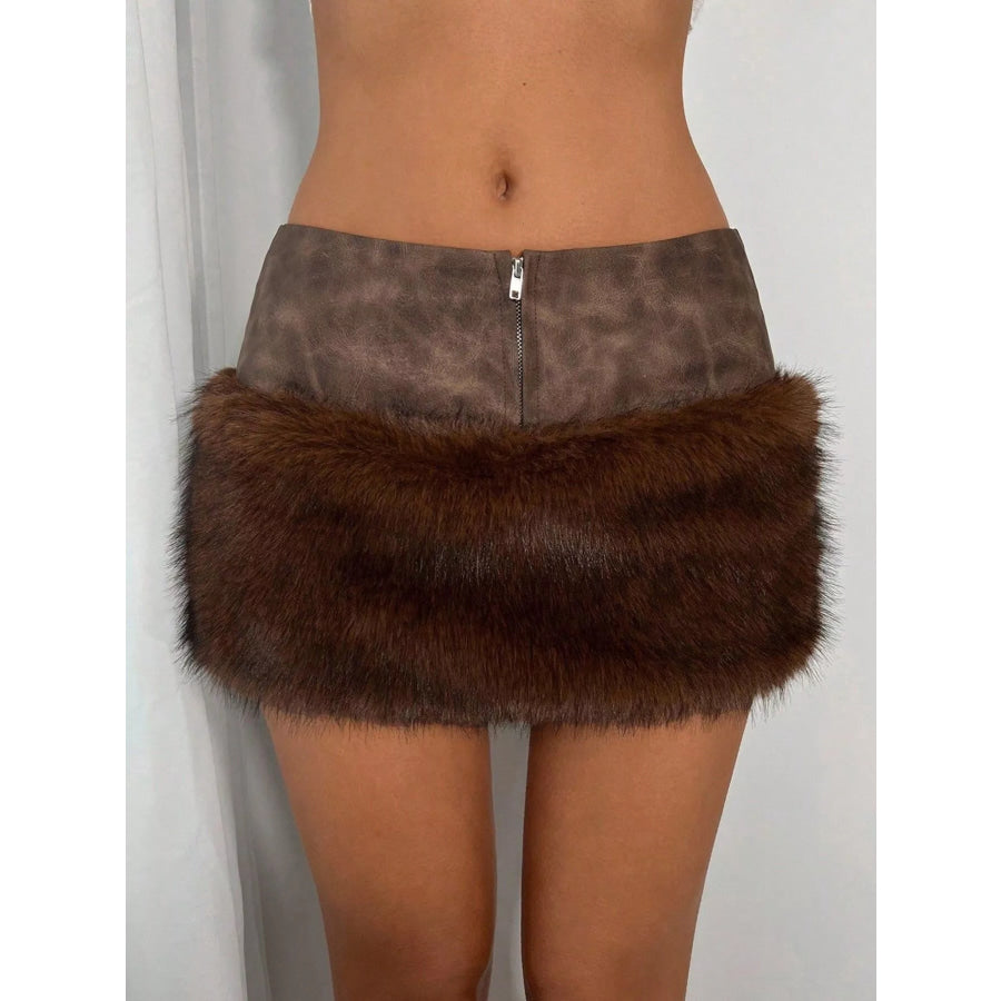 Faux Fur Trim Mini Skirt Brown / S Apparel and Accessories