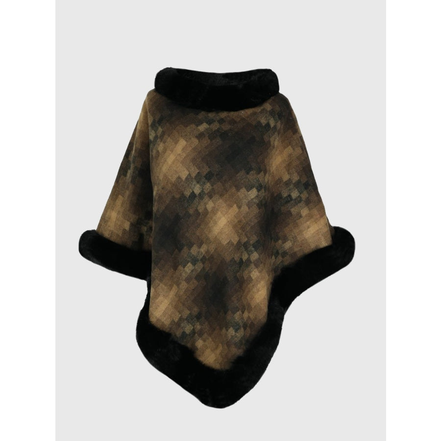 Faux Fur Trim Poncho Khaki / One Size