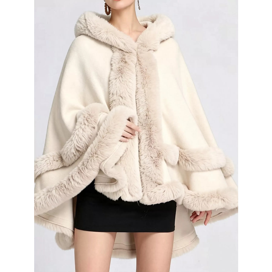 Faux Fur Trimmed Hooded Cape Beige / One Size Apparel and Accessories