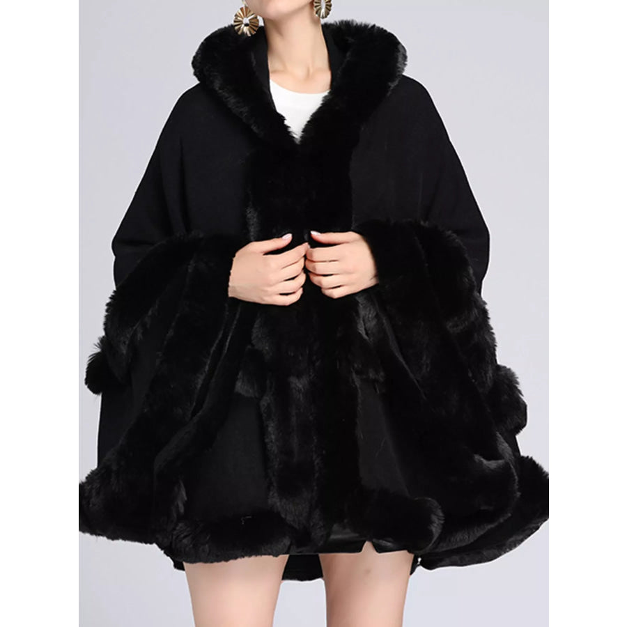 Faux Fur Trimmed Hooded Cape Black / One Size Apparel and Accessories