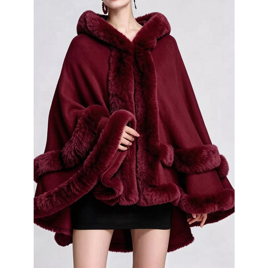Faux Fur Trimmed Hooded Cape Burgundy / One Size Apparel and Accessories
