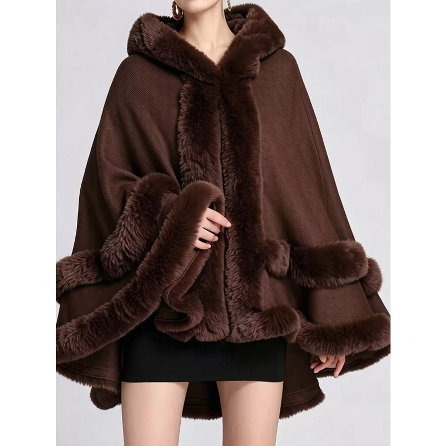 Faux Fur Trimmed Hooded Cape Coffee / One Size Apparel and Accessories