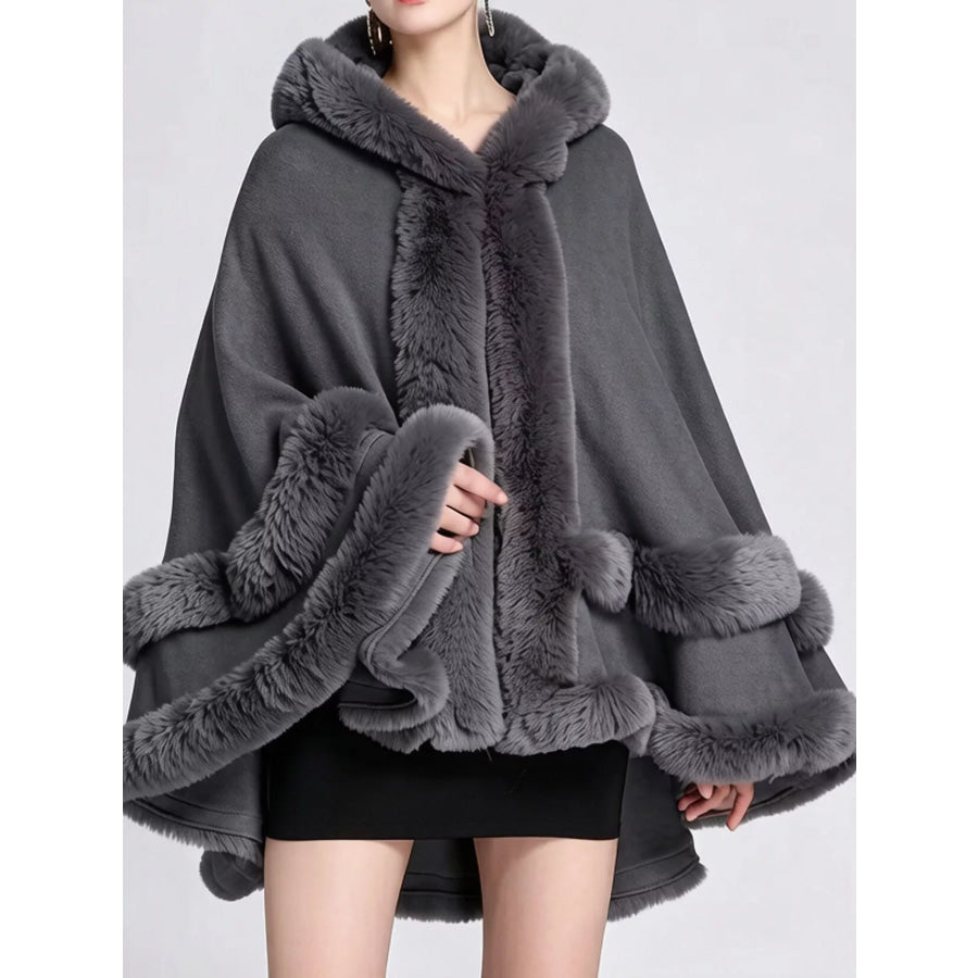 Faux Fur Trimmed Hooded Cape Dark Gray / One Size Apparel and Accessories