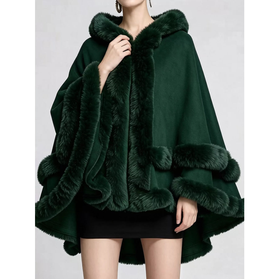 Faux Fur Trimmed Hooded Cape Dark Green / One Size Apparel and Accessories
