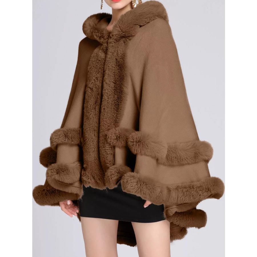 Faux Fur Trimmed Hooded Cape Khaki / One Size Apparel and Accessories