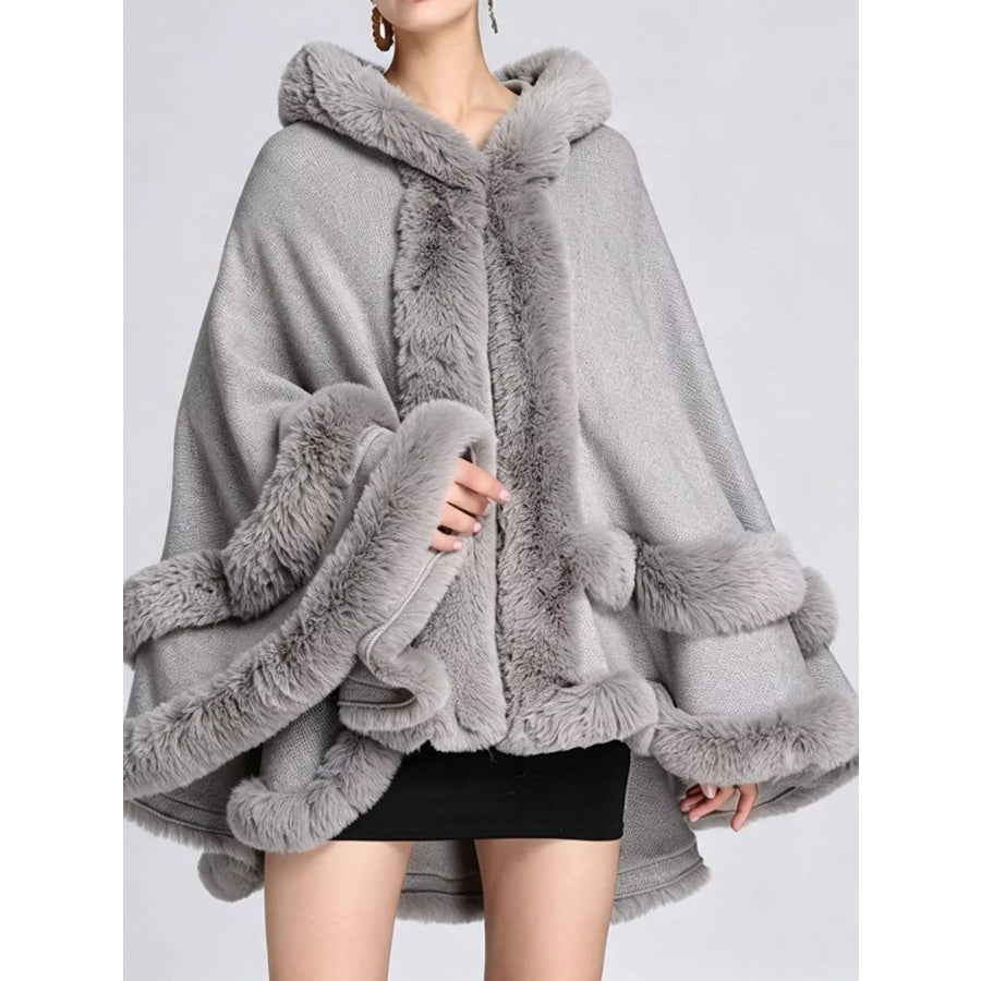 Faux Fur Trimmed Hooded Cape Light Gray / One Size Apparel and Accessories