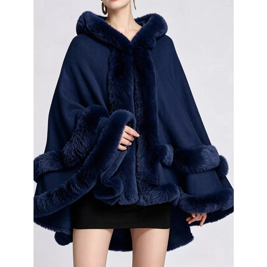 Faux Fur Trimmed Hooded Cape Navy / One Size Apparel and Accessories