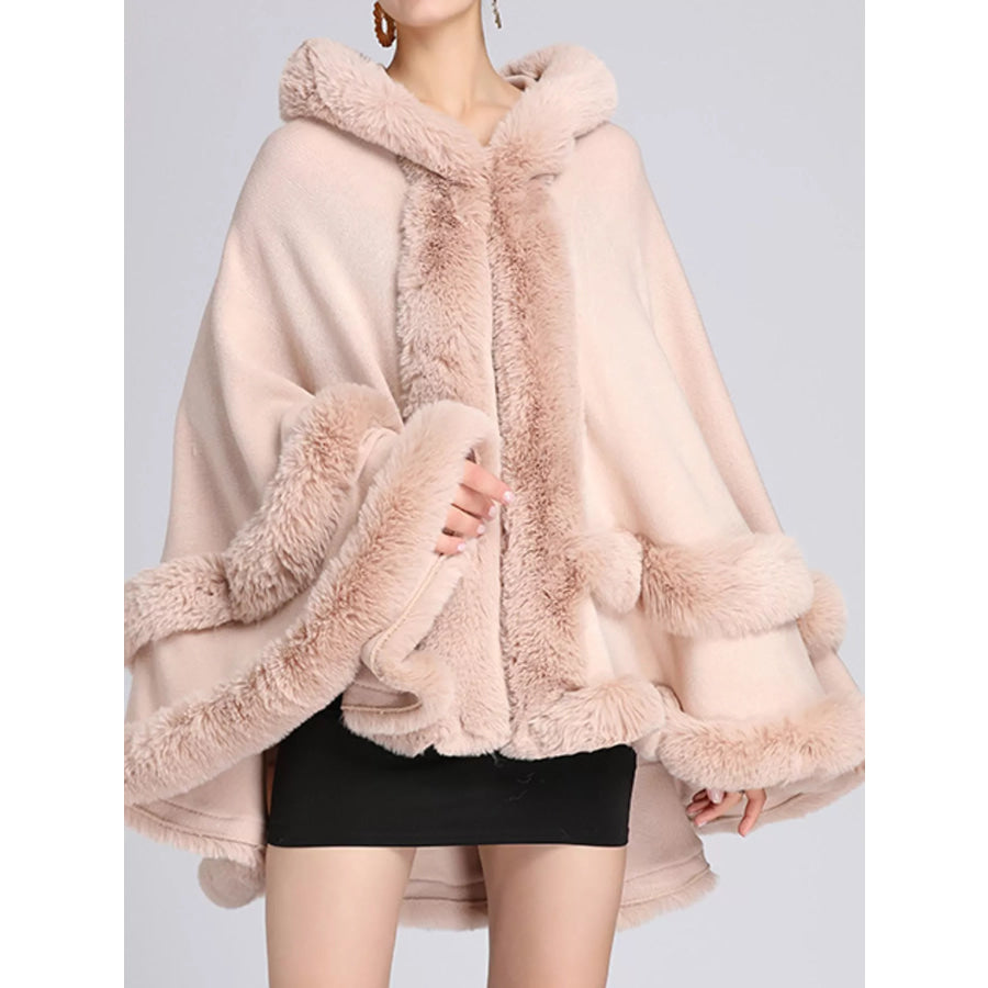 Faux Fur Trimmed Hooded Cape Pink / One Size Apparel and Accessories