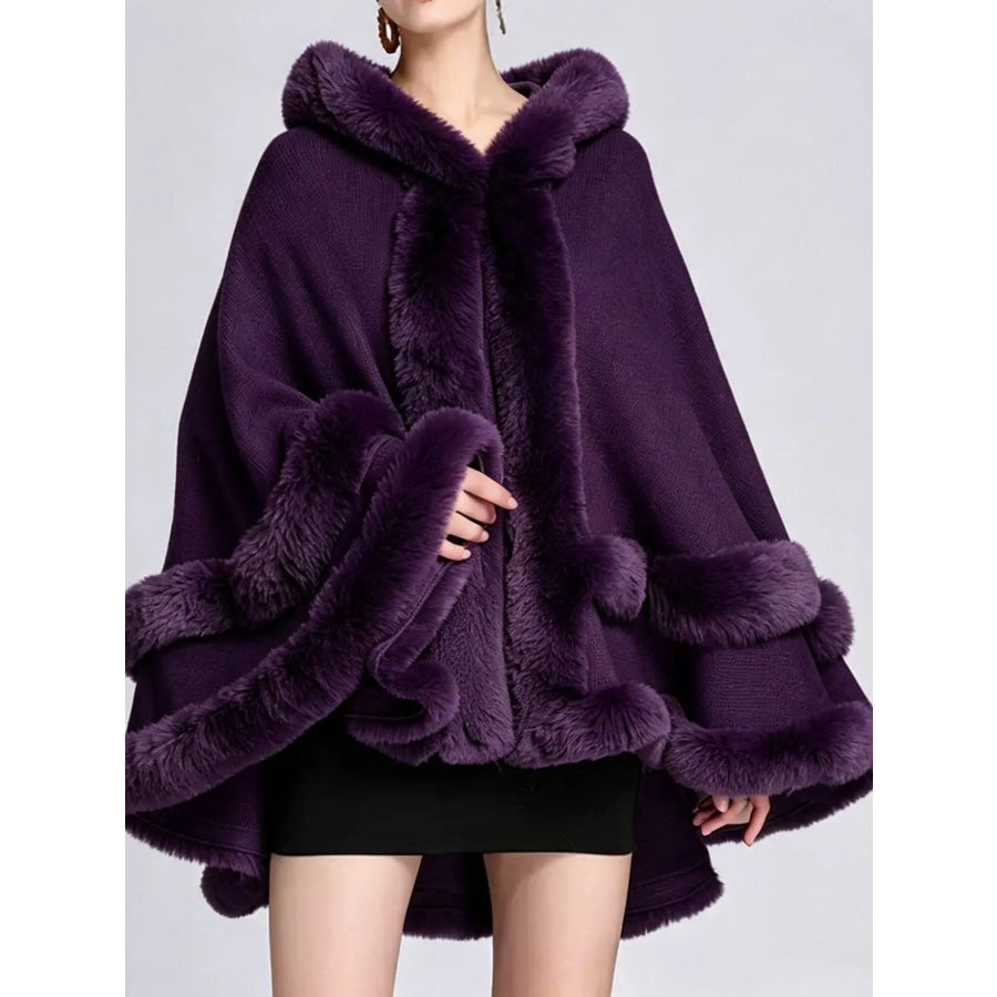 Faux Fur Trimmed Hooded Cape Purple / One Size Apparel and Accessories