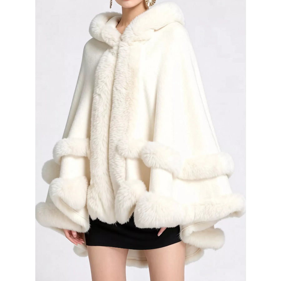 Faux Fur Trimmed Hooded Cape White / One Size Apparel and Accessories
