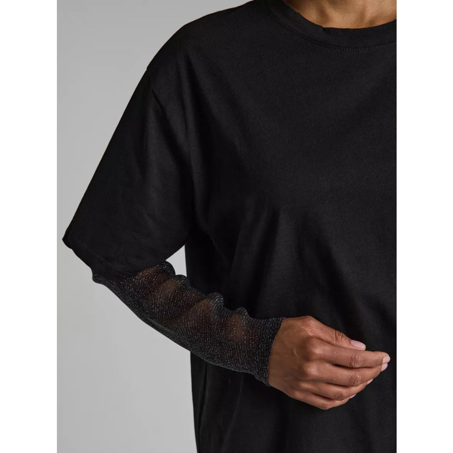 Faux Layered Round Neck Mesh Sleeve Top Apparel and Accessories