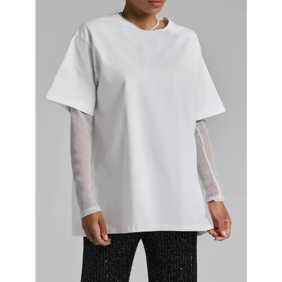 Faux Layered Round Neck Mesh Sleeve Top Apparel and Accessories