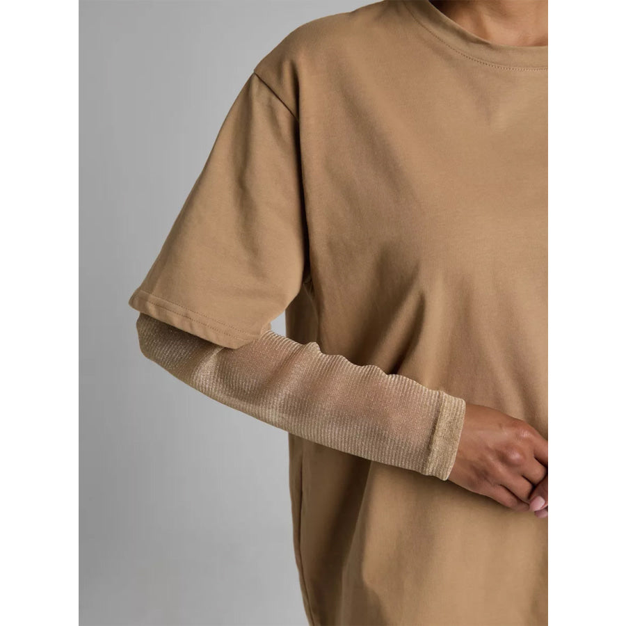 Faux Layered Round Neck Mesh Sleeve Top Apparel and Accessories