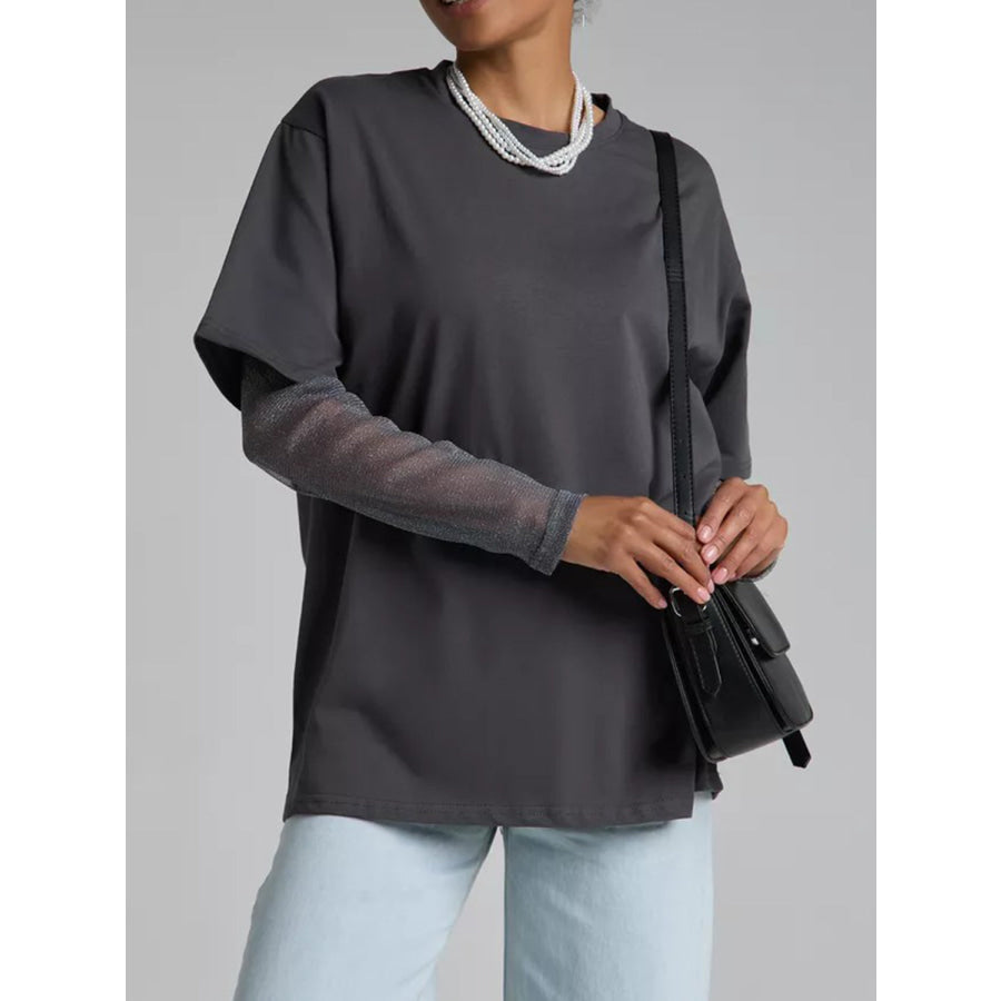 Faux Layered Round Neck Mesh Sleeve Top Apparel and Accessories