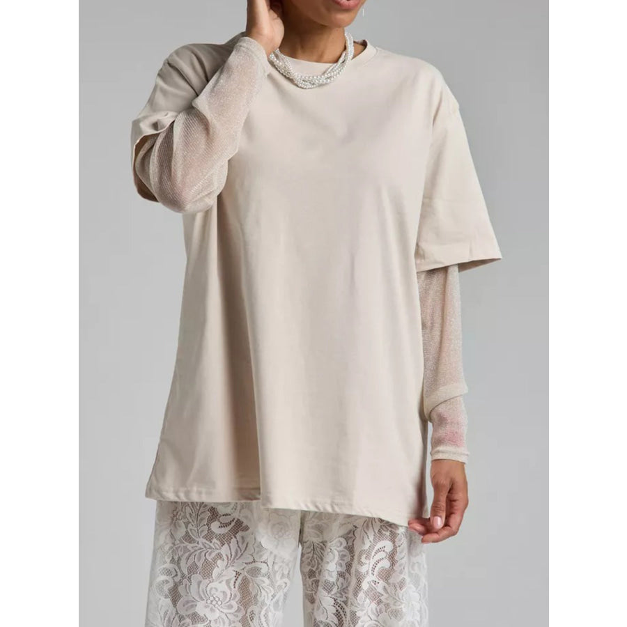 Faux Layered Round Neck Mesh Sleeve Top Dust Storm / S Apparel and Accessories