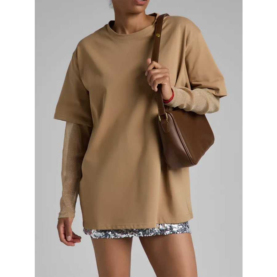 Faux Layered Round Neck Mesh Sleeve Top Apparel and Accessories