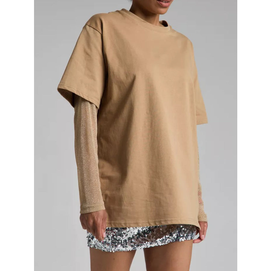 Faux Layered Round Neck Mesh Sleeve Top Apparel and Accessories