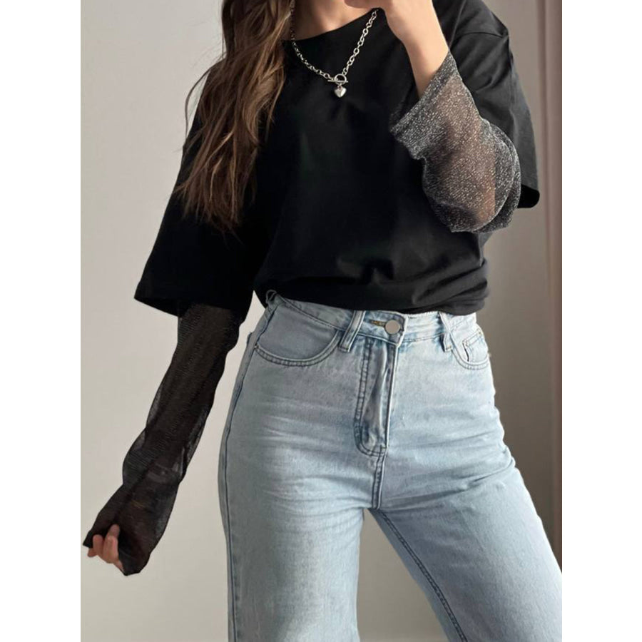 Faux Layered Round Neck Mesh Sleeve Top Apparel and Accessories