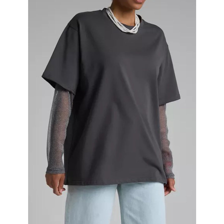 Faux Layered Round Neck Mesh Sleeve Top Apparel and Accessories