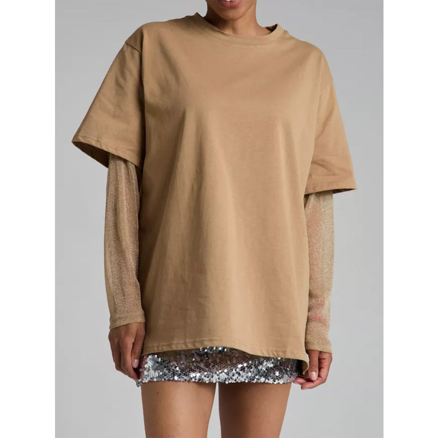 Faux Layered Round Neck Mesh Sleeve Top Apparel and Accessories