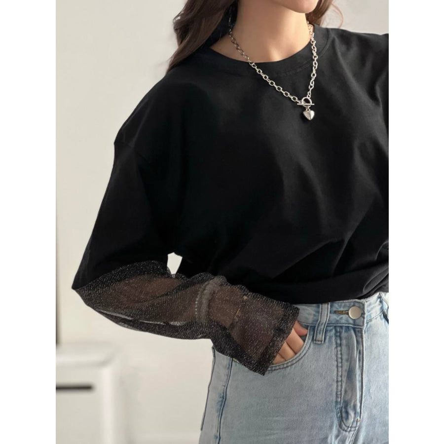 Faux Layered Round Neck Mesh Sleeve Top Apparel and Accessories