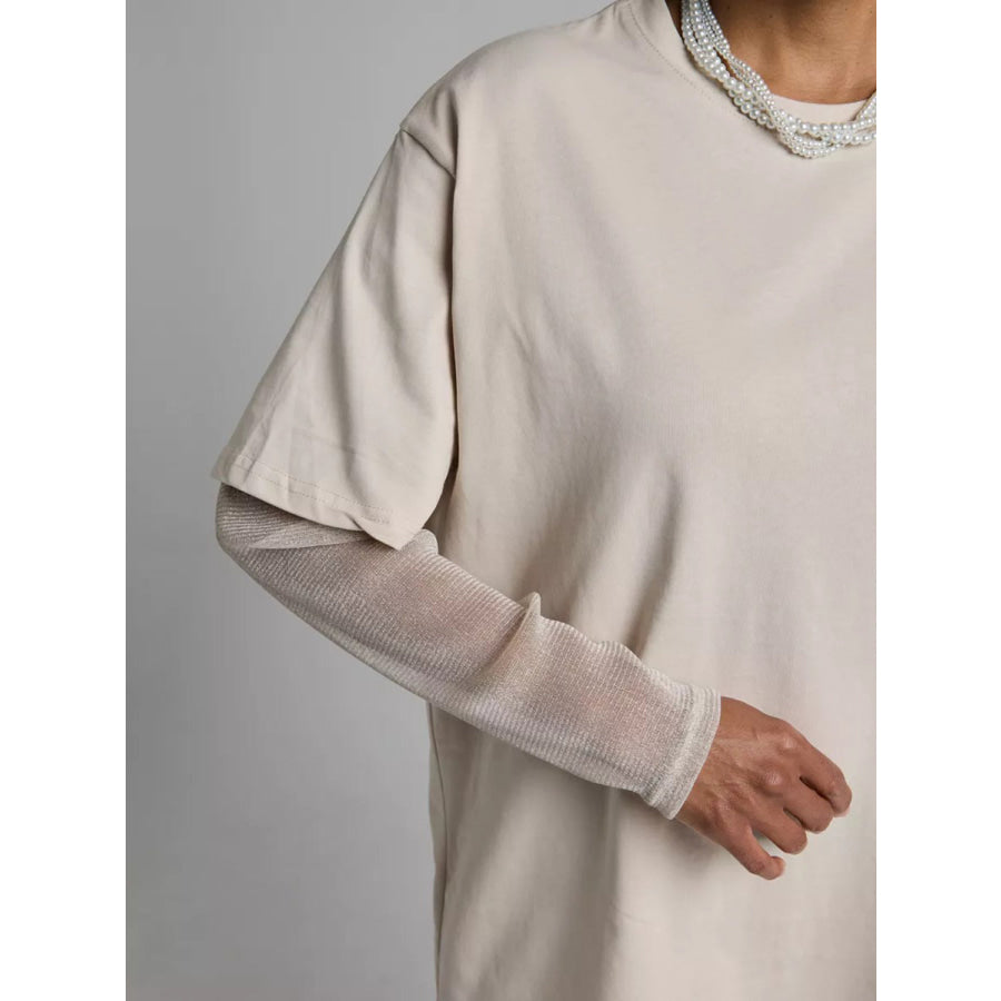 Faux Layered Round Neck Mesh Sleeve Top Apparel and Accessories