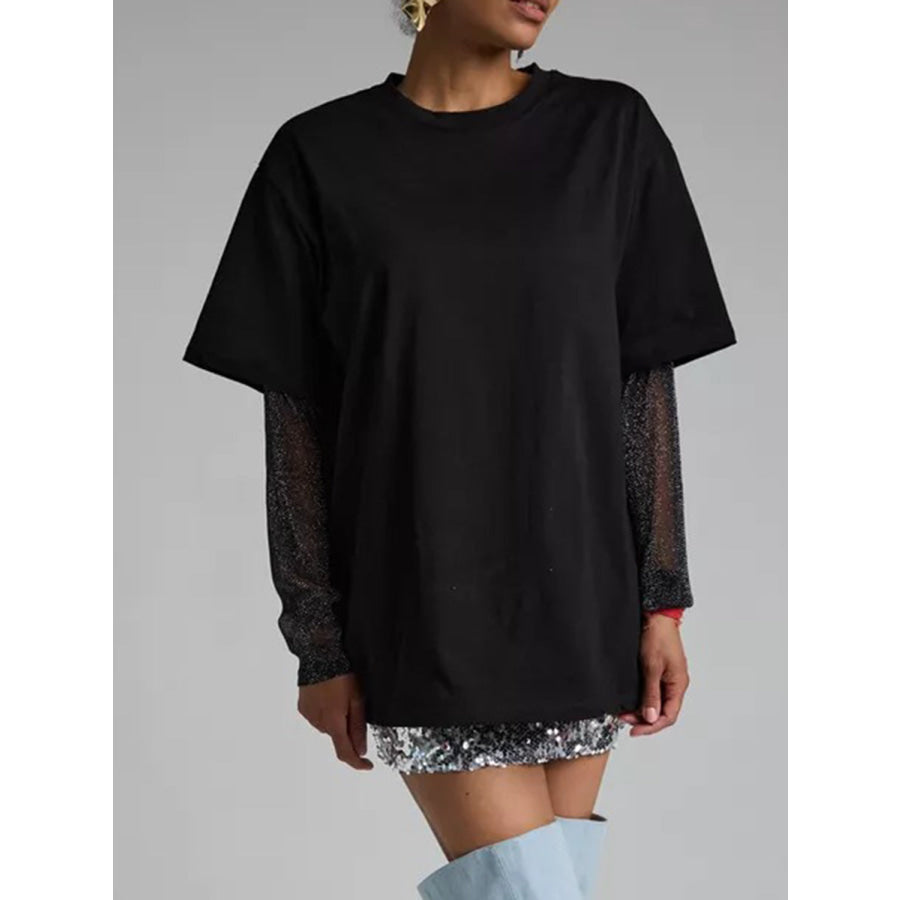 Faux Layered Round Neck Mesh Sleeve Top Apparel and Accessories