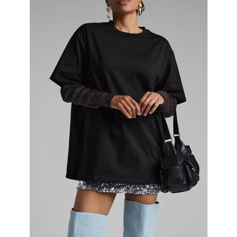 Faux Layered Round Neck Mesh Sleeve Top Black / S Apparel and Accessories