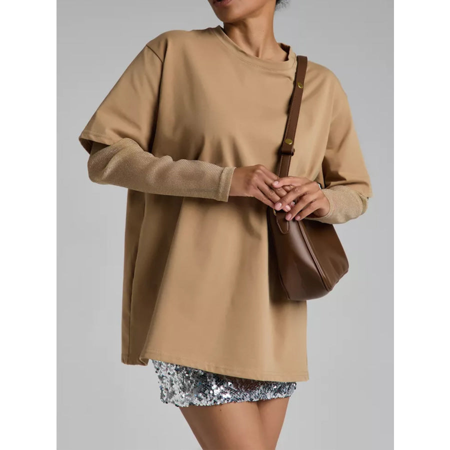 Faux Layered Round Neck Mesh Sleeve Top Camel / S Apparel and Accessories