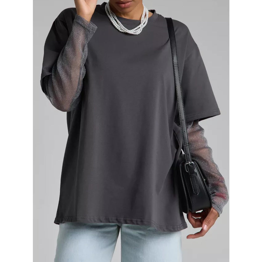 Faux Layered Round Neck Mesh Sleeve Top Dark Gray / S Apparel and Accessories