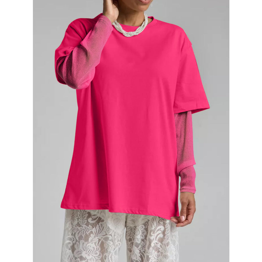 Faux Layered Round Neck Mesh Sleeve Top Hot Pink / S Apparel and Accessories